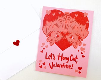 Buddy Bats Valentine's Day RISO Print Card Lets Hang Out illustrated original limited Red Coral Pink Love Love Holiday