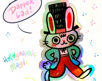 Dapper Lad Holographic White Rabbit Bunny in Top Hat 3" vinyl sticker