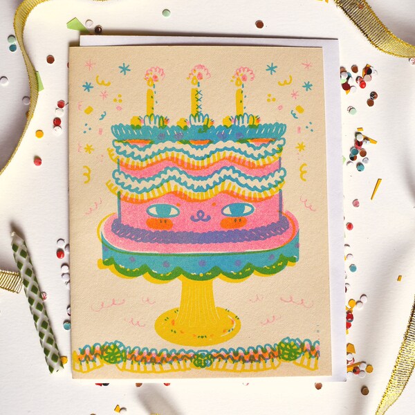 Birthday Cake Card Risograph Printed