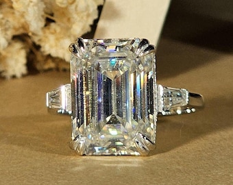 Moissanite 6.00 CT Emerald Cut Engagement Ring, Side Tapered Baguettes Stone Wedding Ring, 18k White Gold Three Stone Anniversary Gift Ring.