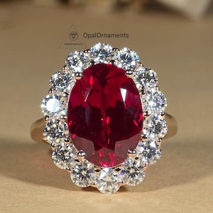 6CT Ruby Oval Cut Sunburst Halo Engagement Ring Lab Created Gemstone Ring Vintage Wedding Ring For Her Gift For Mom Timeless Ring Design