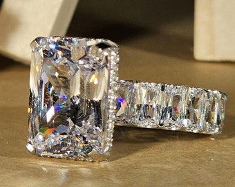 10x14mm (6 CT) Radiant Cut Engagement Ring, Radiant Cut 3/4 Eternity Pave Solitaire Wedding Ring, Hidden Halo Anniversary Ring Gift For Her.