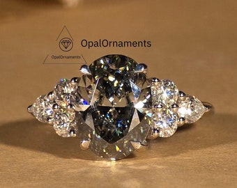 Oval Cut Grey Moissanite Cluster Ring,Oval Solitaire Gold Wedding Ring, 3CT Simple Solitaire Moissanite Bridal Ring August Birthstone Ring.