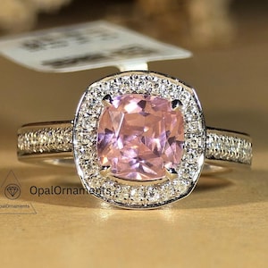 2CT Light Pink Cushion Cut Moissanite Engagement Ring, Cushion Cut Halo Bezel Set Pave Prong Ring Cathedral Set With Half eternity Band Ring