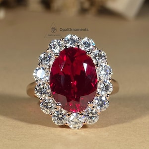 6CT Ruby Oval Cut Sunburst Halo Engagement Ring Lab Created Gemstone Ring Vintage Wedding Ring For Her Gift For Mom Timeless Ring Design