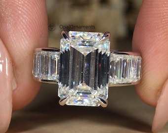 4CT Emerald Cut Solitaire, 14k Solid Gold Ring, Baguette Cut Channel Set Pave Band Wedding Ring, Custom Handmade Ring, Anniversary Ring Gift