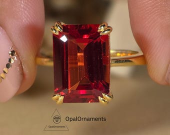 10CT Emerald Cut Ruby Engagement Ring, 14k Solid Yellow Gold, 4 Double Eagle Prongs, July Birthstone Jewelry, Solitaire Setting Wedding Ring