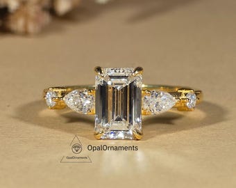 Lab Grown Diamond Emerald Cut Five Stone Engagement Ring 14KSolid Gold Side Pear & Round Cut Handmade Ring Anniversary Bridal Ring for Women