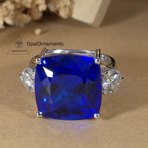 Royal Blue 23.40 CT Cushion Cut Flanked By 1.50 CT Round Cut Three Stone Ring, Basket Set Solitaire Anniversary Gift Ring, Ring For Women