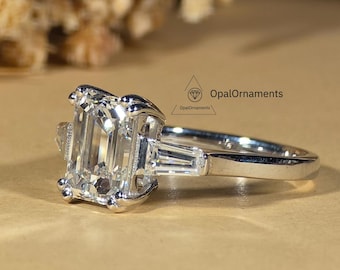 2.70CT IGI Certified Emerald Cut Lab Diamond 3 Stone Ring, Side Baguette Diamond Engagement Ring, 18k White Gold Trilogy Anniversary Gift