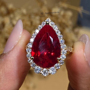 Pear Cut Ruby Vintage Style Halo Ring Birthstone Promise Ring Cathedral Set Graduating Halo Bridal Wedding Ring For Women Engagement Ring