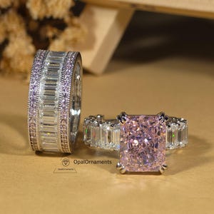 Pink Radiant Cut Wedding Ring With Matching Eternity Band Set 14k Gold Bridal Promise Ring Set Pink Diamond Engagement Ring Set For Her Gift