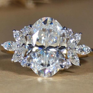 4.00CT Oval Cluster Engagement Ring Oval Moissanite Ring 14K Gold Unique Wedding Ring Anniversary Gift For Women Marquise Side Stone Ring