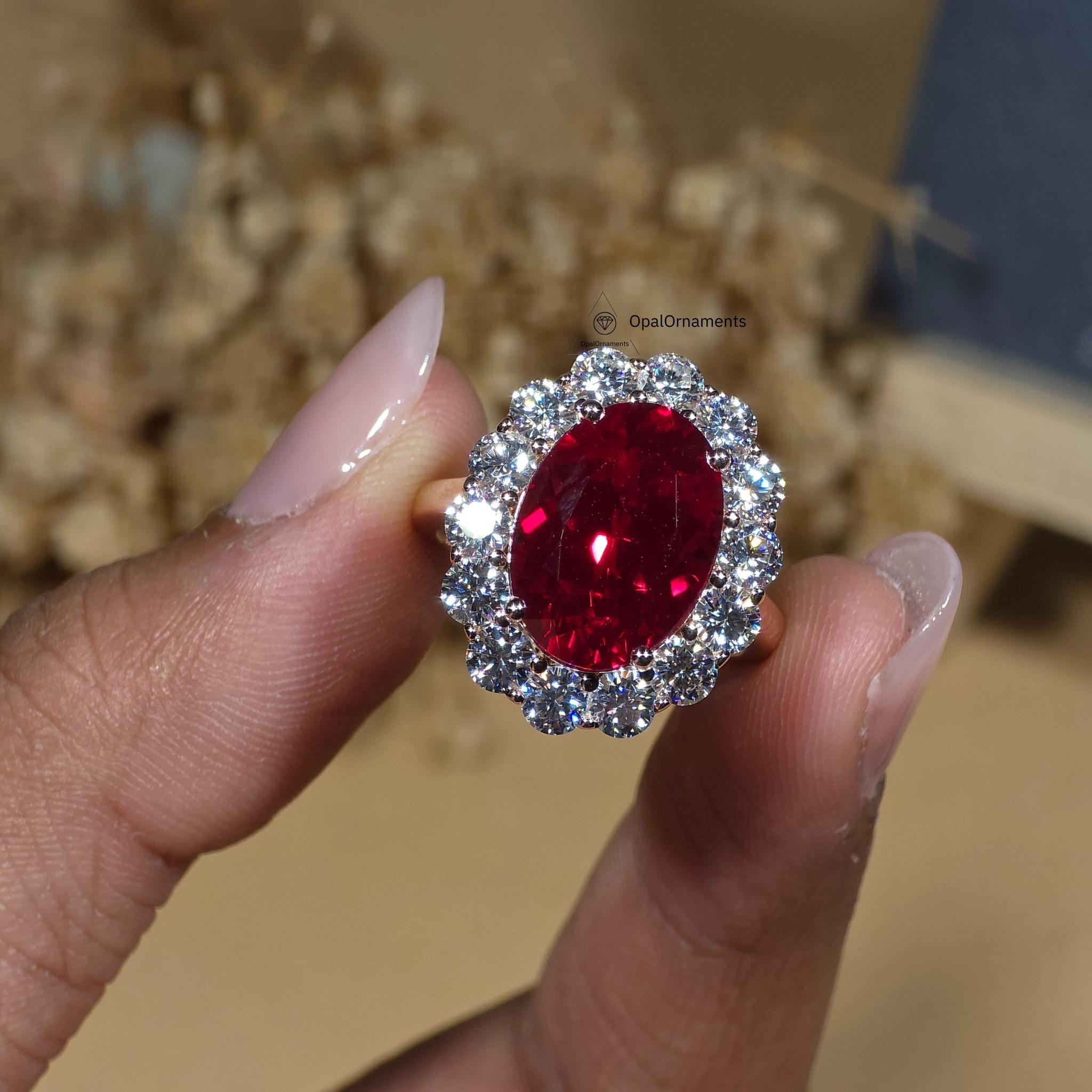 6CT Ruby Oval Cut Sunburst Halo Engagement Ring Lab Created Gemstone ...