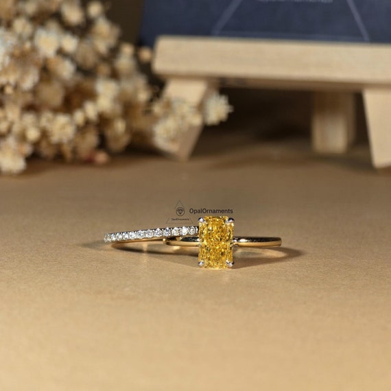 Yellow Lab Grown Diamond Radiant Cut Ring IGI Certified Hidden Halo Engagement Ring 1.00- 2.00CT Anniversary Gift Solid Gold Eternity Band