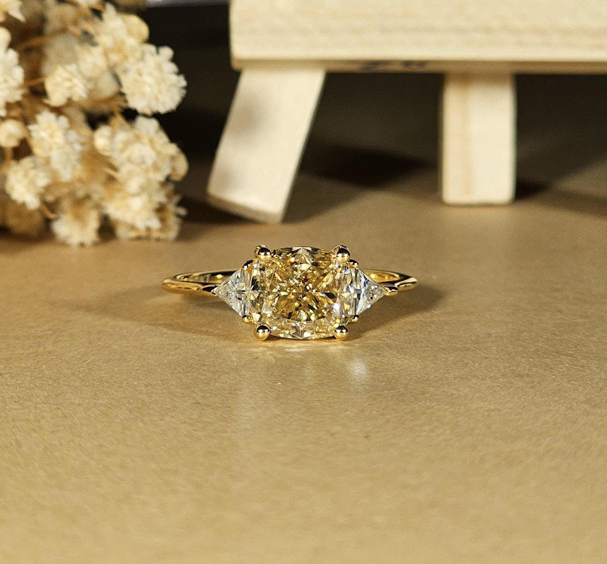 3.20 CT Cushion Cut Champaign Yellow Moissanite Engagement Ring Solitaire Wedding Ring Claw Prongs Ring for Women Handmade Ring Gift Ring