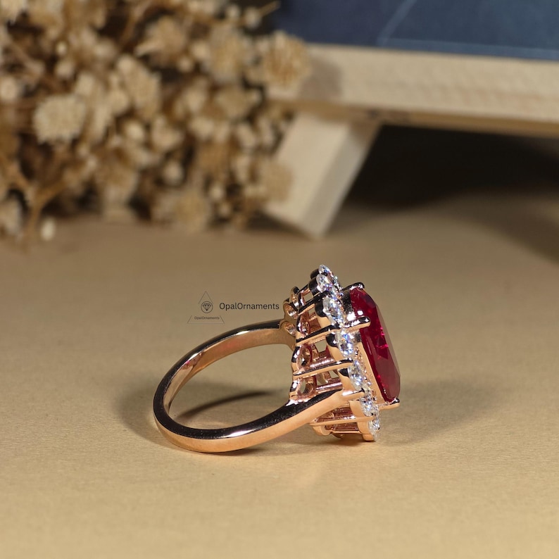 6CT Ruby Oval Cut Sunburst Halo Engagement Ring Lab Created Gemstone ...