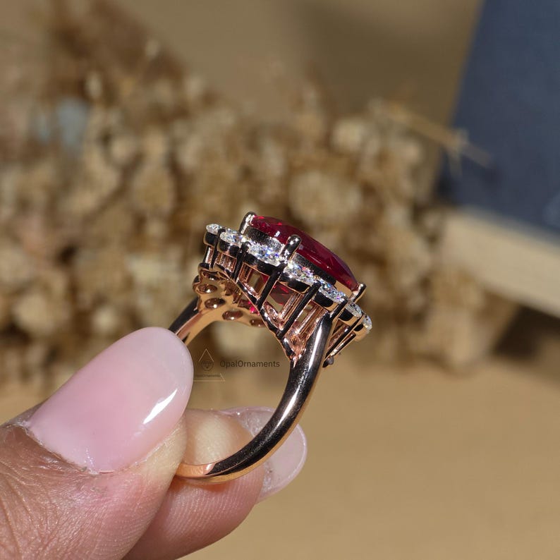 6CT Ruby Oval Cut Sunburst Halo Engagement Ring Lab Created Gemstone ...