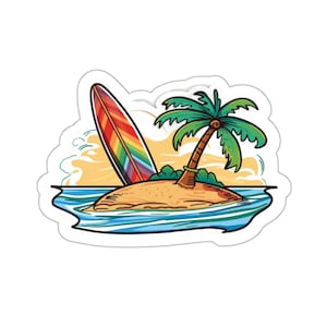 Surfboard on Beach Sticker | Tropical Surf Art Decal | Coastal Vinyl Sticker | Beach Lover Accessory | Surfing Adventure Sticker