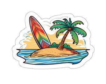 Surfboard on Beach Sticker | Tropical Surf Art Decal | Coastal Vinyl Sticker | Beach Lover Accessory | Surfing Adventure Sticker
