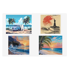 Surfing, vintage bus, sunsets, beaches, and waves. Beautiful stickers [surfing themed sticker pack]