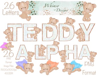 Teddy Bear Alpha Clip Art | Rose Gold Glitter Letters (Digital Download)