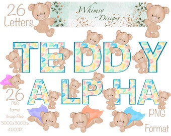 Teddy Bear Alpha Letters | Blue Glitter PNG Clipart (Digital Download)