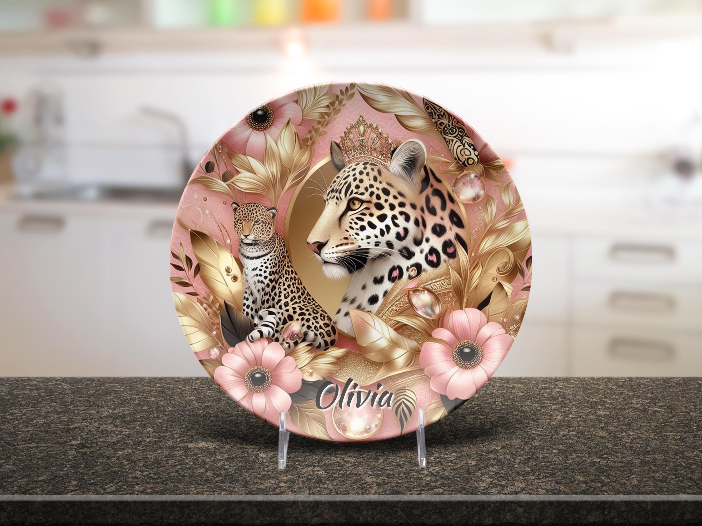 Personalized Leopard Print Plate, Pink Gold Floral Decor - Etsy