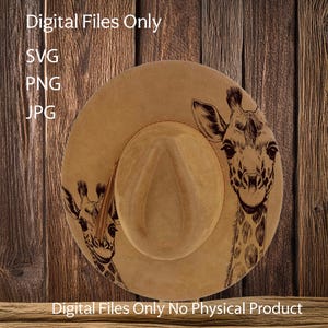 May include: A brown cowboy hat with a giraffe design. The hat is on a wooden background. Digital Files Only. No Physical Product. SVG, PNG, JPG.