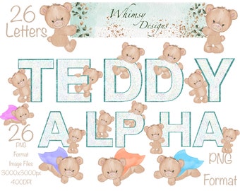 Teddy Bear Alpha | Green Glitter Letters, PNG (Digital Download)
