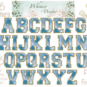 Varsity Blue Watercolour Alpha Gold style 2 Glitter | Individually saved letters | png | hand drawn | sublimation | digital download