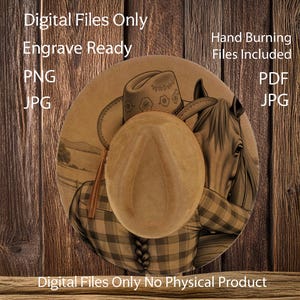 Puede incluir: Un archivo digital con una ilustración detallada de un sombrero de vaquero, un caballo y una camisa a cuadros. La imagen incluye el texto "Digital Files Only Engrave Ready PNG JPG" y "Hand Burning Files Included PDF JPG" y "Digital Files Only No Physical Product."