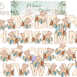 Teddy Bear Plane Alpha Spots with Rose Gold Glitter | Individually saved letters | png | hand drawn | sublimation | digital download