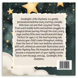 May include: A children's book cover with a starry night sky background and gold stars. The book's title is "Goodnight Little Charlotte." Text describes a personalized bedtime story for ages 3-6 with a bear cub and family.