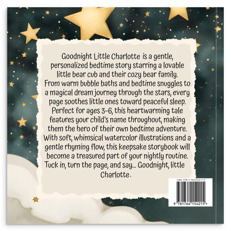 May include: A children's book cover with a starry night sky background and gold stars. The book's title is "Goodnight Little Charlotte." Text describes a personalized bedtime story for ages 3-6 with a bear cub and family.