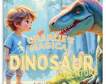 Puede incluir: Portada de libro infantil con un niño y un dinosaurio. El título "Charlie's Magical Dinosaur Adventure" es amarillo. También se ve el nombre del autor, Sammy Kym. El tema es de fantasía.