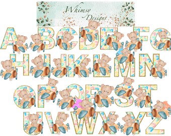 Teddy Bear Plane Alpha | Gold Glitter Letters (Digital Download)