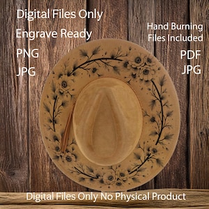 Op de afbeelding: Tan fedora hoed met een bloemenpatroon rond de rand. De hoed heeft een bruine band en een veerdetaillering. De afbeelding bevat de tekst "Digital Files Only Engrave Ready PNG JPG" en "Hand Burning Files Included PDF JPG" en "Digital Files Only No Physical Product."