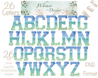 Watercolor Alpha Set | Blue Green, Rose Gold Glitter (Digital Download)