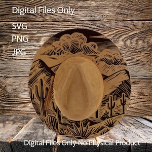Modèles gravés au laser pour chapeaux – Téléchargement numérique (SVG, PNG, JPG) pour chapeaux de cowboy et à bord large, WD2038, cactus du désert