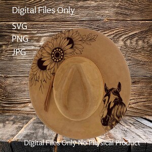 Diseños de sombreros grabados con láser: descarga digital (SVG, PNG, JPG) para sombreros de ala ancha y vaqueros, WD2072, Girasoles, Caballo y Niña