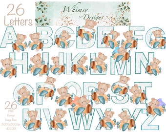 Teddy Bear Airplane Alpha | Green Glitter PNG Clipart (Digital Download)