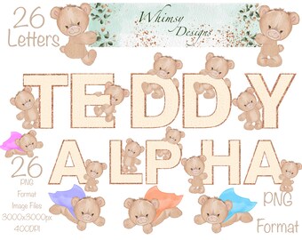 Teddy Bear Alpha Clipart | Rose Gold Glitter Letters (Digital Download)