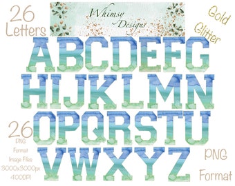 Watercolor Glitter Alpha | Green Blue Letter Clip Art (Digital Download)
