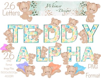 Teddy Bear Alpha Letters | Green Glitter PNG (Digital Download)