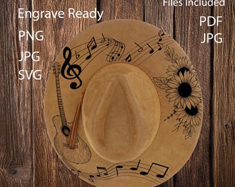 Hat Laser Burning Designs –Digital Download (Pdf, Png, Svg, Jpg) includes hand burning files for Wide Brim & Cowboy Hats WD7004 Guitar
