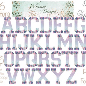 Pink Flowers Alpha with Silver Glitter | Individually saved letters | png | hand drawn | sublimation | digital download