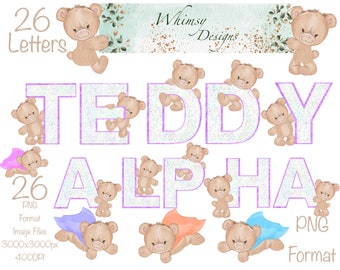 Teddy Bear Letter PNG | Purple Glitter Alpha, Hand-Drawn (Digital Download)