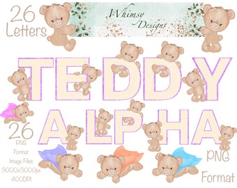 Teddy Bear Alpha Clipart | Purple Glitter Letters (Digital Download)