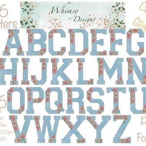 Blue Watercolour with flowers Alpha with Copper Glitter | Individually saved letters | png | hand drawn | sublimation | digital download